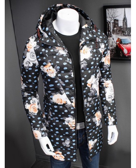 Zip Up Floral Printed Hooded Padded Coat - Floral Xl