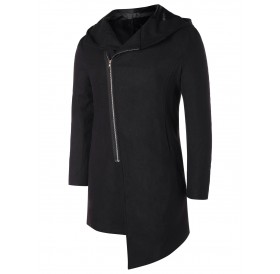 Asymmetric Zip Up Hooded Longline Coat - Black M