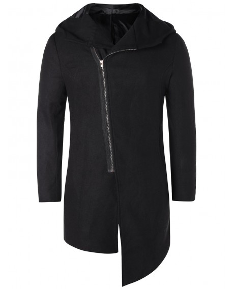 Asymmetric Zip Up Hooded Longline Coat - Black M