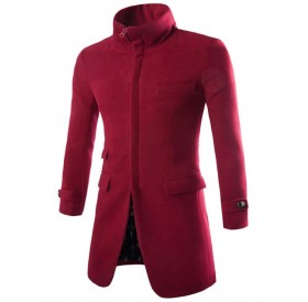 Turndown Collar Longline Zip Up Woolen Coat - Wine Red 2xl