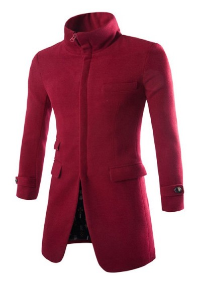 Turndown Collar Longline Zip Up Woolen Coat - Wine Red 2xl