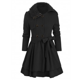 Faux Fur Collar Double Breasted Belted Wool Blend Coat - Black M