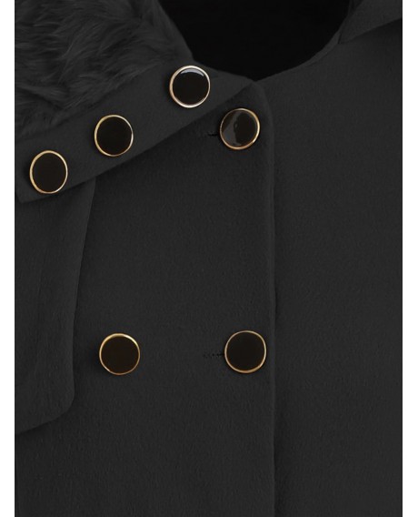 Faux Fur Collar Double Breasted Belted Wool Blend Coat - Black M