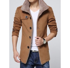 Epaulet Embellished Single-Breasted Turn-Down Collar Fleece Coat - Camel 2xl