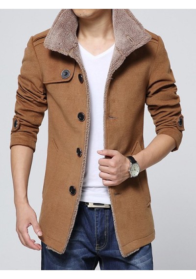 Epaulet Embellished Single-Breasted Turn-Down Collar Fleece Coat - Camel 2xl