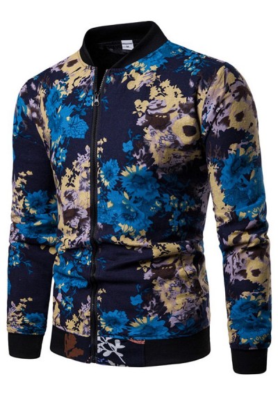 Leisure Ethnic Style Long Sleeve Stand Collar Coat Jacket - Denim Dark Blue 2xl