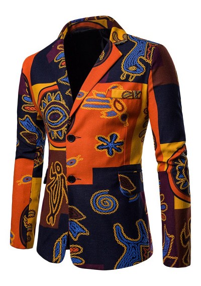 Leisure Ethnic Style Print Men Coat Suit Blazer - Tangerine M