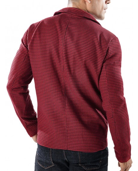 Casual Bordure Patch Pocket Houndstooth Blazer - Red L