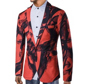 Chinese Style Ink Painting Print One Button Pocket Blazer - Red M
