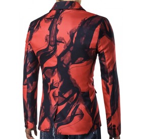 Chinese Style Ink Painting Print One Button Pocket Blazer - Red M