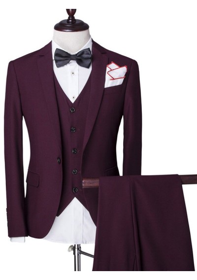 Lapel Single Breasted Solid Color Long Sleeve Three-Piece Suit ( Blazer + Waistcoat + Pants ) For Men - Wine Red L