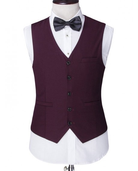 Lapel Single Breasted Solid Color Long Sleeve Three-Piece Suit ( Blazer + Waistcoat + Pants ) For Men - Wine Red L
