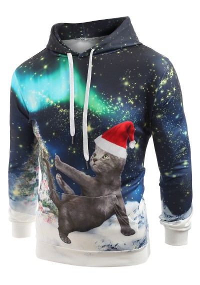 Looking Up Cat with Christmas Hat Print Casual Hoodie -  Xl