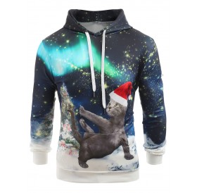 Looking Up Cat with Christmas Hat Print Casual Hoodie -  Xl