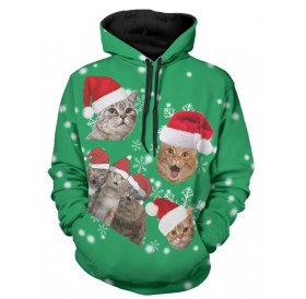Christmas Cats Print Long Sleeve Hoodie - Green M