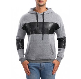 PU Leather Spliced Pullover Hoodie - Light Gray M