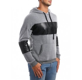 PU Leather Spliced Pullover Hoodie - Light Gray M