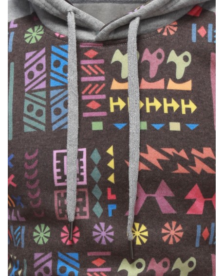 Tribal Print Drawstring Raglan Sleeve Hoodie - Gray L