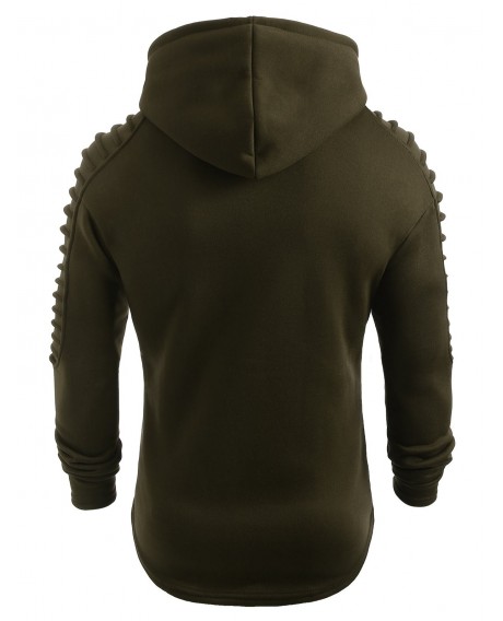 Solid Pleated Sleeve Patch Detail Long Fleece Hoodie - Army Green 2xl