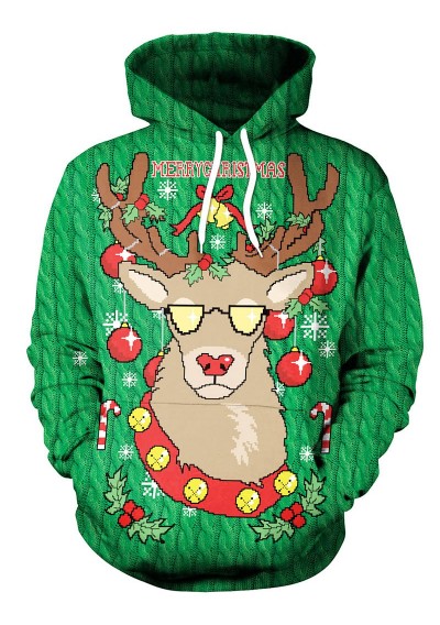 Drawstring Christmas Elk Print Hoodie - Green M