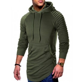 Pleated Raglan Sleeve Ripped Pullover Hoodie - Army Green M