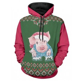 Christmas Pig Print Drawstring Hoodie -  M
