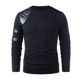 PU Leather Panel Round Hole Embellished T-shirt - Black Xl