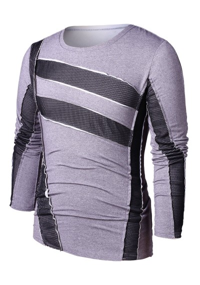 Casual Long Sleeve Mesh Panel T-shirt - Gray L