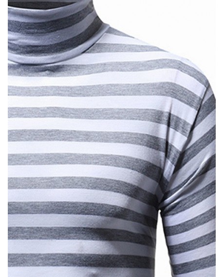 Striped High Neck Long Sleeve T-shirt - Light Gray L