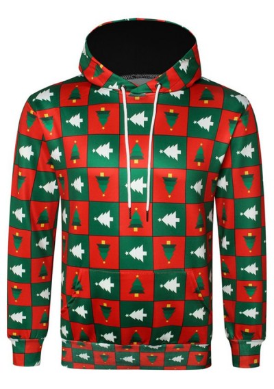 Christmas Tree Check Pattern Pullover Hoodie - Lava Red Xs