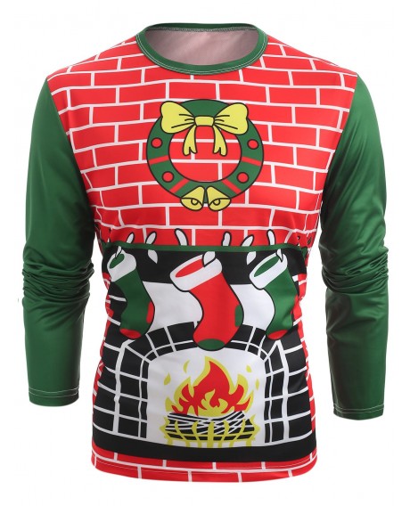 Fireplace Christmas Stocking Prints Long Sleeve T-shirt - Dark Forest Green S