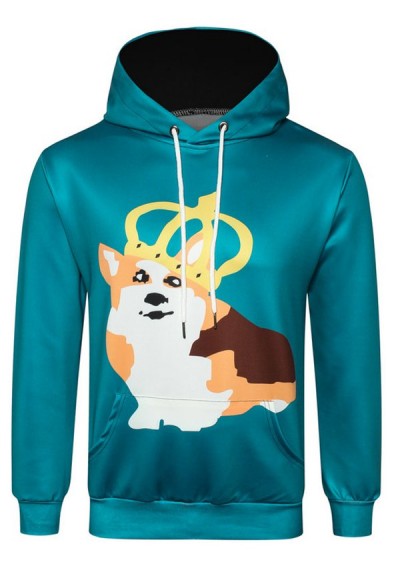 Cartoon Dog Printed Pullover Hoodie - Macaw Blue Green Xs
