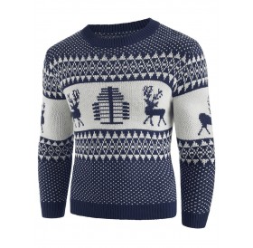 Christmas Deer Print Crew Neck Sweater - Denim Dark Blue 2xl
