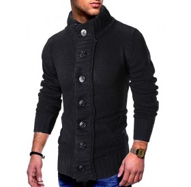 Stand Collar Button Fly Knitted Cardigan - Black L