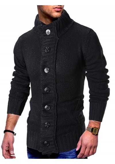 Stand Collar Button Fly Knitted Cardigan - Black L