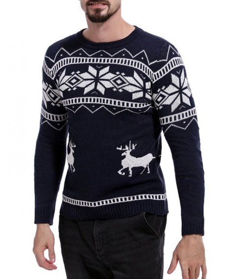Christmas Deer Pattern Pullover Sweater - Midnight Blue M
