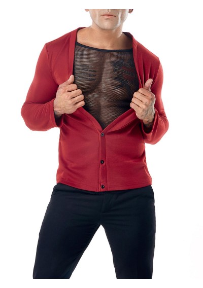 Deep V Neck Mesh Lining Solid Cardigan Sweater - Red M