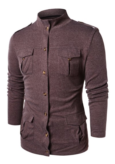 Epaulet Design Stand Collar Button Up Sweater - Deep Brown 2xl