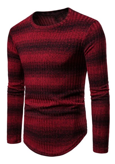 Striped Long Sleeve Casual Sweater - Red Wine Xl