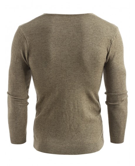 Solid V Neck Pullover Sweater - Khaki Xs