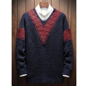 V Neck Panel Long Sleeve Sweater - Deep Blue S