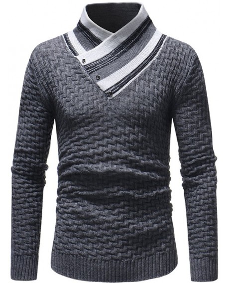 Stand Collar Zig Zag Pattern Knit Sweater - Gray S