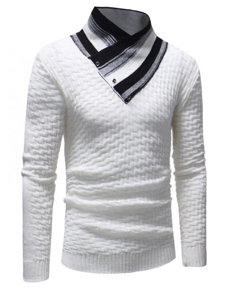 Stylish High Collar Splicing Long Sleeve Sweater for Men - White Xl