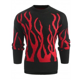 Plant Print Long Sleeve Pullover Sweater - Lava Red M