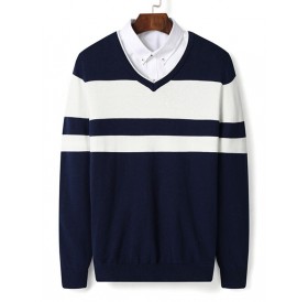 V Neck Stripe Color Block Pullover Sweater - Deep Blue 2xl