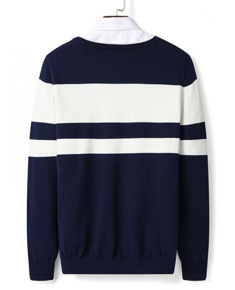V Neck Stripe Color Block Pullover Sweater - Deep Blue 2xl