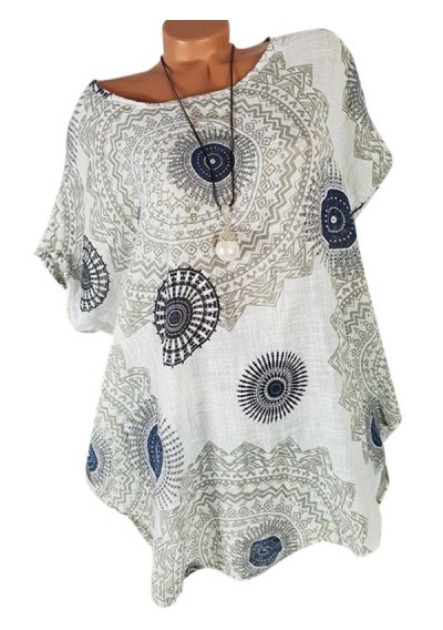 Printed Batwing Curved Plus Size Blouse - White 2x