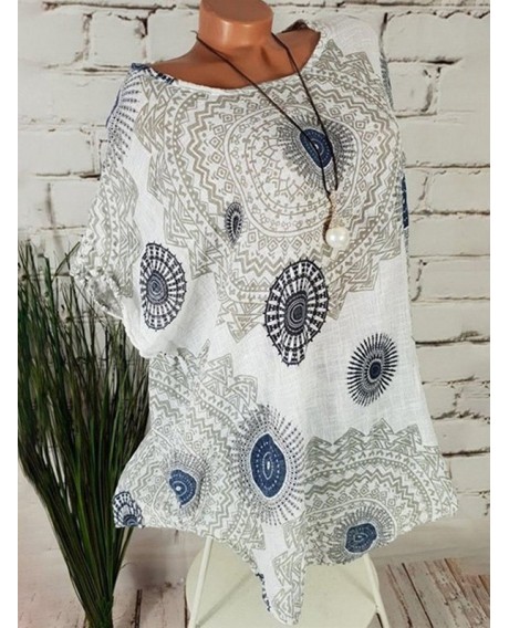 Printed Batwing Curved Plus Size Blouse - White 2x