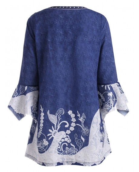 Notched Printed Flare Sleeve Plus Size Top - Blue L
