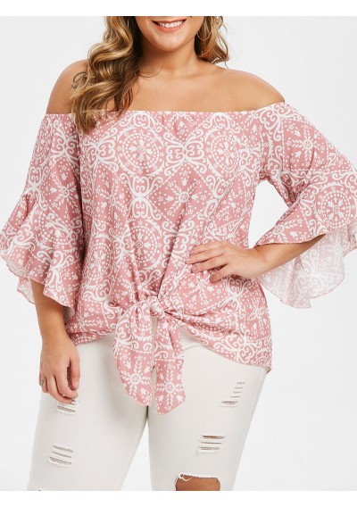 Plus Size Off Shoulder Print Bell Sleeve Knotted Blouse - Rose 1x